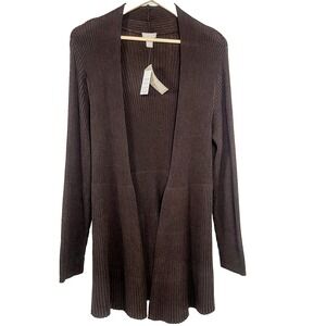 New Chicos Outlet Open Cardigan 3 Large Brown Ribbed Knit Longline Tunic Sweater
